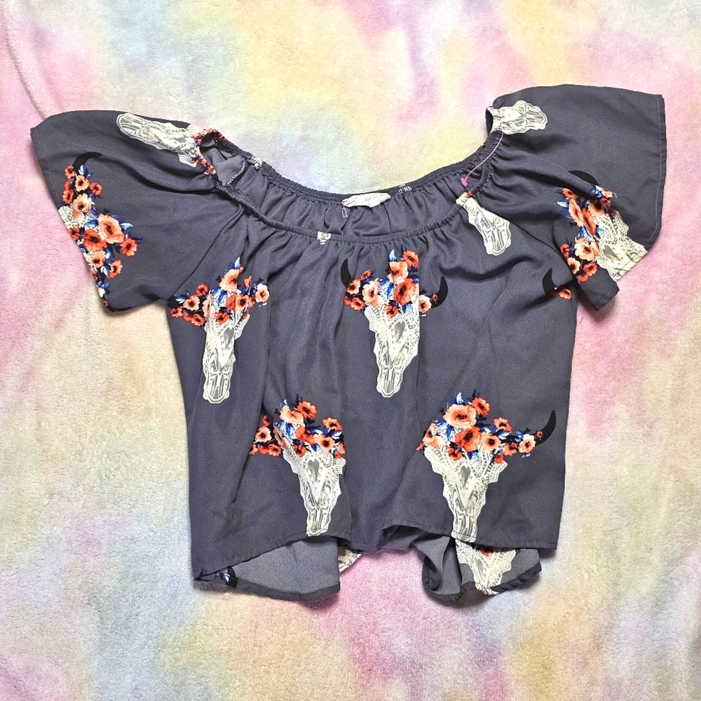 Altar'd State - Gray Cow Skull Floral Blouse - Size S